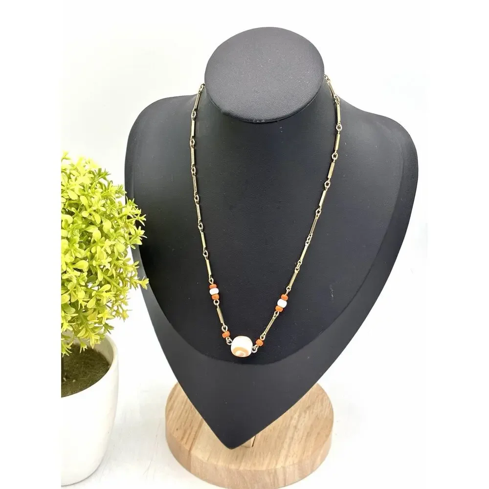 Vintage Gold Tone Bar Link Necklace Orange White Swirl Glass Bead 15 Inch